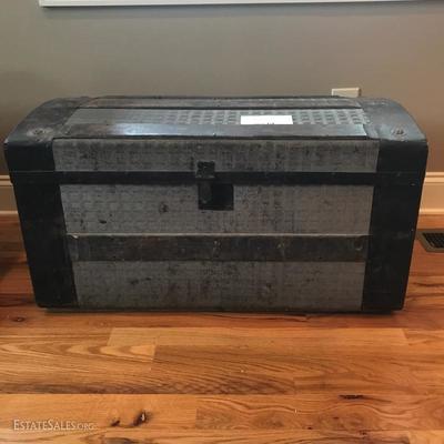 Lot 14 - Antique Dome Top Steamer Trunk with Pressed Tin Overlay