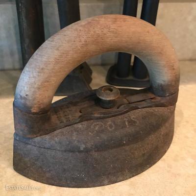 Lot 23 - Antique Churn, Candle Molds, Dubuque Potts Iron and more