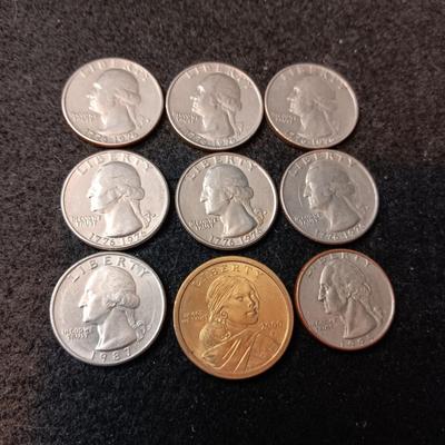 VARIOUS QUARTERS AND 1 SACAGAWEA DOLLAR