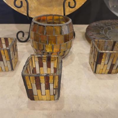 Signed Decorative Plate & Mosaic Candle Holder Set