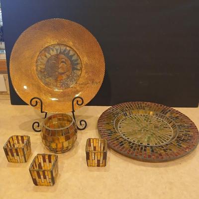 Signed Decorative Plate & Mosaic Candle Holder Set