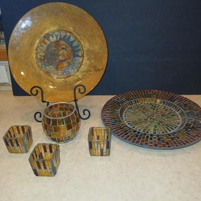 Signed Decorative Plate & Mosaic Candle Holder Set