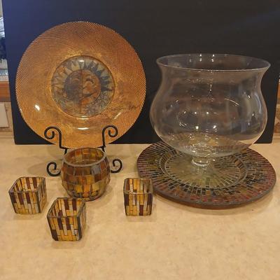 Signed Decorative Plate & Mosaic Candle Holder Set