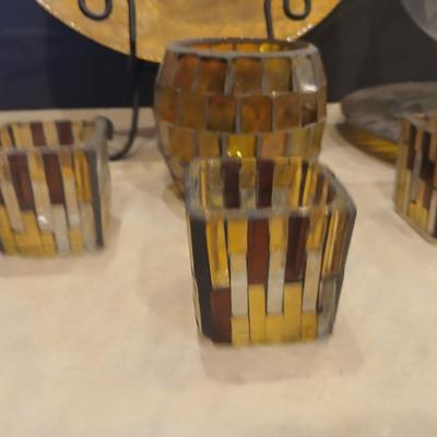 Signed Decorative Plate & Mosaic Candle Holder Set