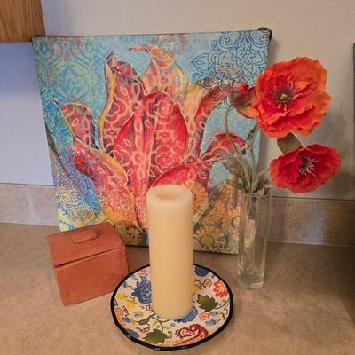 Boho Floral Décor Lot – Canvas Art, Ceramic Candle Plate, Faux Poppies & More (5-Piece Set)