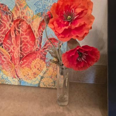 Boho Floral Décor Lot – Canvas Art, Ceramic Candle Plate, Faux Poppies & More (5-Piece Set)