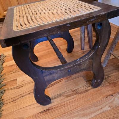 Vintage Wood Furniture Lot – Oak Folding TV Tray, Cane-Top Footstool & Hexagonal Plant Stand
