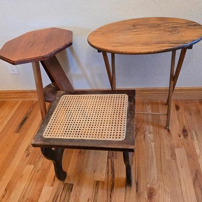 Vintage Wood Furniture Lot – Oak Folding TV Tray, Cane-Top Footstool & Hexagonal Plant Stand