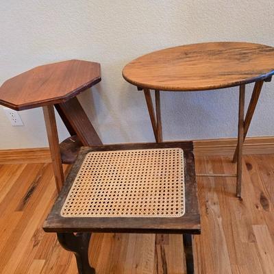 Vintage Wood Furniture Lot – Oak Folding TV Tray, Cane-Top Footstool & Hexagonal Plant Stand
