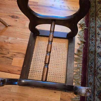 Vintage Wood Furniture Lot – Oak Folding TV Tray, Cane-Top Footstool & Hexagonal Plant Stand