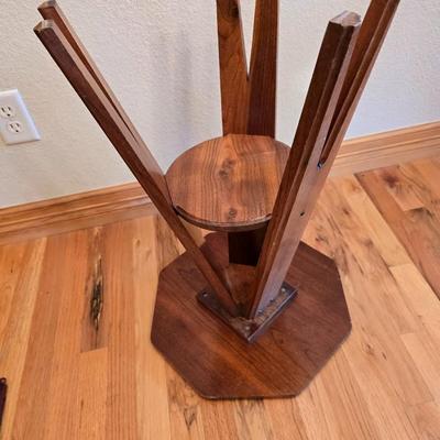 Vintage Wood Furniture Lot – Oak Folding TV Tray, Cane-Top Footstool & Hexagonal Plant Stand