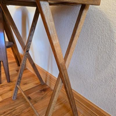 Vintage Wood Furniture Lot – Oak Folding TV Tray, Cane-Top Footstool & Hexagonal Plant Stand
