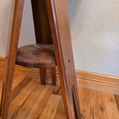 Vintage Wood Furniture Lot – Oak Folding TV Tray, Cane-Top Footstool & Hexagonal Plant Stand
