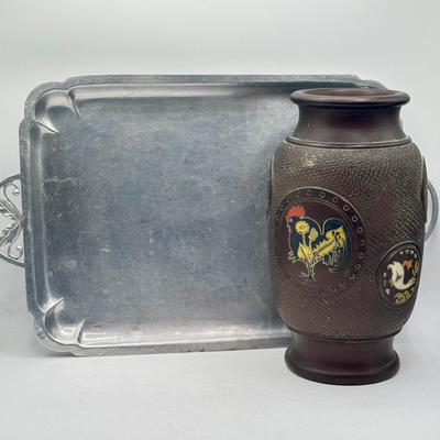 LOT 49D: Vintage Hand Wrought Aluminum Serving Tray and Vintage Japanese Vase