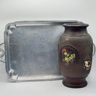 LOT 49D: Vintage Hand Wrought Aluminum Serving Tray and Vintage Japanese Vase