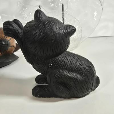 LOT 76L: MEOW/ Cat Serving Plate, Doorstop, Canister, Carved Wooden Figure, Lenox Figurine, Music Box, Spoon Rest, Brass Key Hanger, and...
