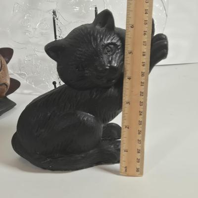 LOT 76L: MEOW/ Cat Serving Plate, Doorstop, Canister, Carved Wooden Figure, Lenox Figurine, Music Box, Spoon Rest, Brass Key Hanger, and...