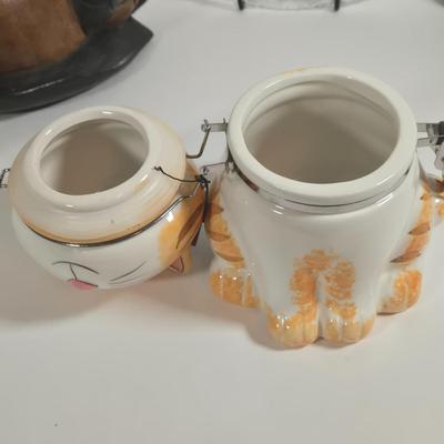 LOT 76L: MEOW/ Cat Serving Plate, Doorstop, Canister, Carved Wooden Figure, Lenox Figurine, Music Box, Spoon Rest, Brass Key Hanger, and...