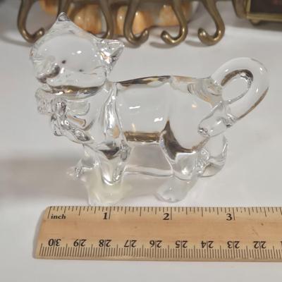 LOT 76L: MEOW/ Cat Serving Plate, Doorstop, Canister, Carved Wooden Figure, Lenox Figurine, Music Box, Spoon Rest, Brass Key Hanger, and...