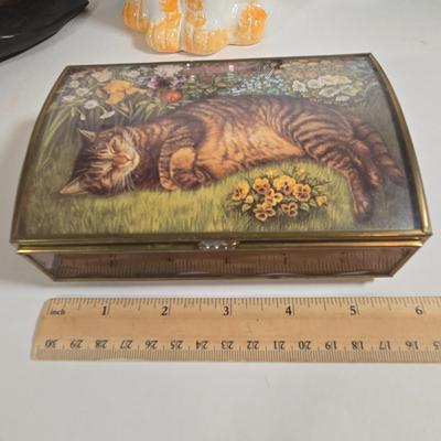 LOT 76L: MEOW/ Cat Serving Plate, Doorstop, Canister, Carved Wooden Figure, Lenox Figurine, Music Box, Spoon Rest, Brass Key Hanger, and...
