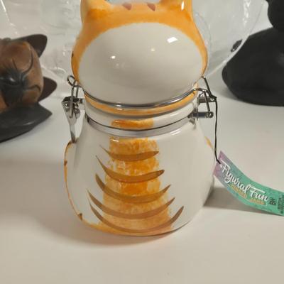 LOT 76L: MEOW/ Cat Serving Plate, Doorstop, Canister, Carved Wooden Figure, Lenox Figurine, Music Box, Spoon Rest, Brass Key Hanger, and...