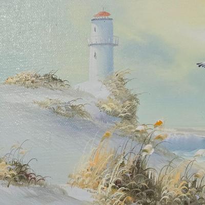 LOT 81L: Signed Seascape Oil Painting by Carson, Coasters, Salt & Pepper Shakers, Cast Iron Fisherman , and Lighthouse Print