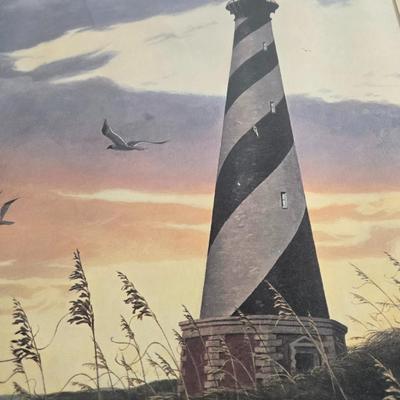 LOT 81L: Signed Seascape Oil Painting by Carson, Coasters, Salt & Pepper Shakers, Cast Iron Fisherman , and Lighthouse Print