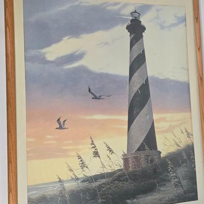 LOT 81L: Signed Seascape Oil Painting by Carson, Coasters, Salt & Pepper Shakers, Cast Iron Fisherman , and Lighthouse Print