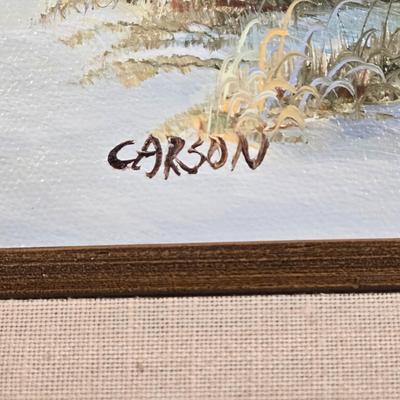 LOT 81L: Signed Seascape Oil Painting by Carson, Coasters, Salt & Pepper Shakers, Cast Iron Fisherman , and Lighthouse Print