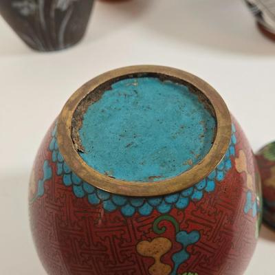 LOT 86L: Asian Cloisonne Lidded Ginger Jar, Native American Pottery, Sterling on Bronze Vase, Mexican Ceramic Art Vase, Traditional Asin...