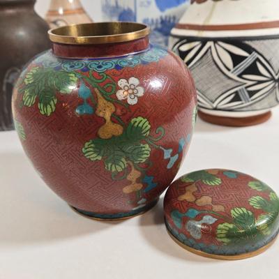 LOT 86L: Asian Cloisonne Lidded Ginger Jar, Native American Pottery, Sterling on Bronze Vase, Mexican Ceramic Art Vase, Traditional Asin...