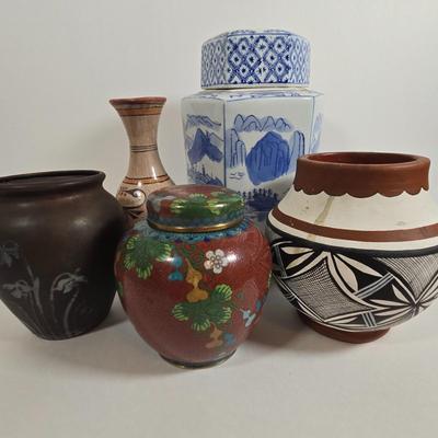 LOT 86L: Asian Cloisonne Lidded Ginger Jar, Native American Pottery, Sterling on Bronze Vase, Mexican Ceramic Art Vase, Traditional Asin...