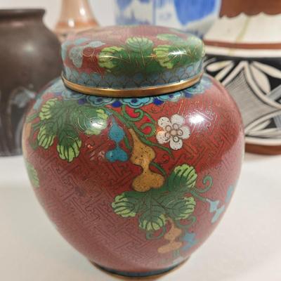 LOT 86L: Asian Cloisonne Lidded Ginger Jar, Native American Pottery, Sterling on Bronze Vase, Mexican Ceramic Art Vase, Traditional Asin...