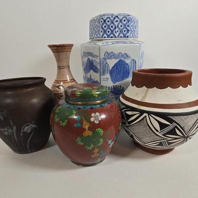 LOT 86L: Asian Cloisonne Lidded Ginger Jar, Native American Pottery, Sterling on Bronze Vase, Mexican Ceramic Art Vase, Traditional Asin...