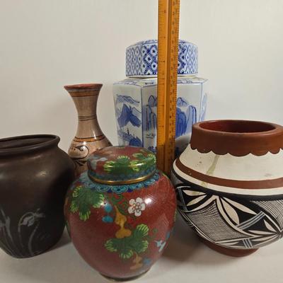 LOT 86L: Asian Cloisonne Lidded Ginger Jar, Native American Pottery, Sterling on Bronze Vase, Mexican Ceramic Art Vase, Traditional Asin...