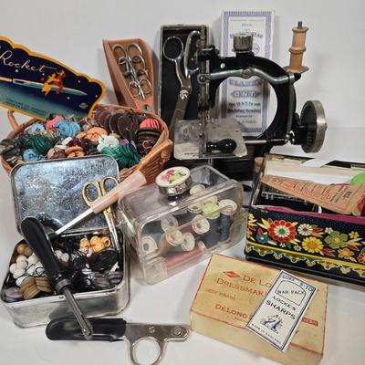 LOT 89L: Antique Spenser Hand Crank Sewing Machine, and Sew Many Sewing and Crafting Accessories and Tools (Did You See What I did There?)