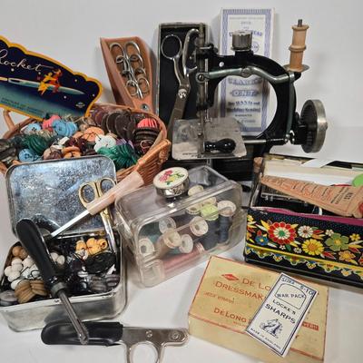 LOT 89L: Antique Spenser Hand Crank Sewing Machine, and Sew Many Sewing and Crafting Accessories and Tools (Did You See What I did There?)