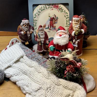 LOT 180B: Christmas in July! Lenox Christmas Plate, Couple of Stockings, Santa Figures and More!