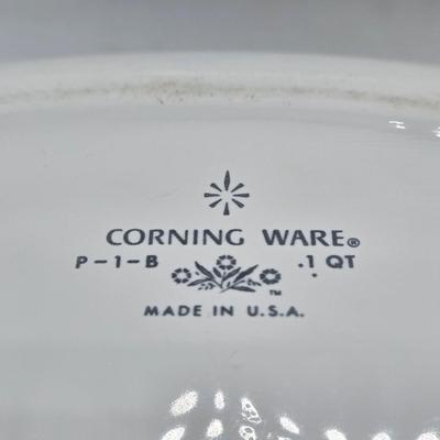 LOT 197L: CorningWare French White 20 oz. Meal Mugs with Vented Lids, 16 oz. Round Ramekins with Vented Lids, and Cornflower Blue Pattern...