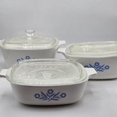 LOT 197L: CorningWare French White 20 oz. Meal Mugs with Vented Lids, 16 oz. Round Ramekins with Vented Lids, and Cornflower Blue Pattern...