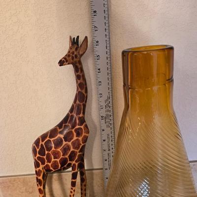 Amber Glass Vase, Hand-Carved Giraffe, and Safari Fun Decor Lot