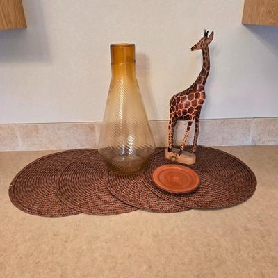 Amber Glass Vase, Hand-Carved Giraffe, and Safari Fun Decor Lot