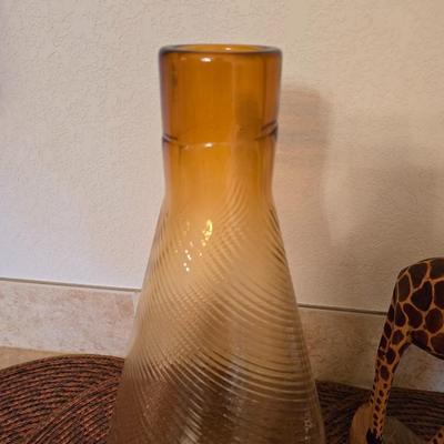 Amber Glass Vase, Hand-Carved Giraffe, and Safari Fun Decor Lot
