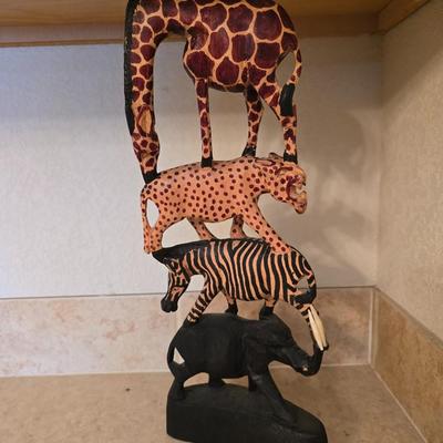 African Safari Decor Lot – Hand-Carved Animal Totem, Tribal Vase & Orange Glass votive holder