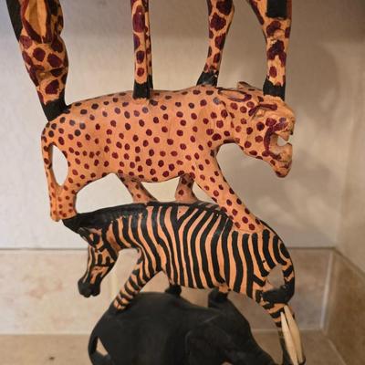 African Safari Decor Lot – Hand-Carved Animal Totem, Tribal Vase & Orange Glass votive holder