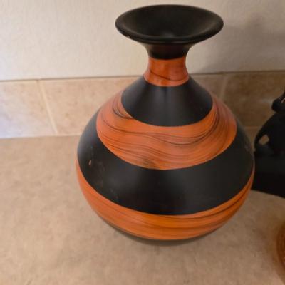 African Safari Decor Lot – Hand-Carved Animal Totem, Tribal Vase & Orange Glass votive holder