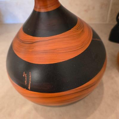 African Safari Decor Lot – Hand-Carved Animal Totem, Tribal Vase & Orange Glass votive holder