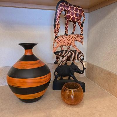 African Safari Decor Lot – Hand-Carved Animal Totem, Tribal Vase & Orange Glass votive holder