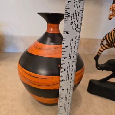 African Safari Decor Lot – Hand-Carved Animal Totem, Tribal Vase & Orange Glass votive holder