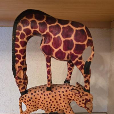 African Safari Decor Lot – Hand-Carved Animal Totem, Tribal Vase & Orange Glass votive holder